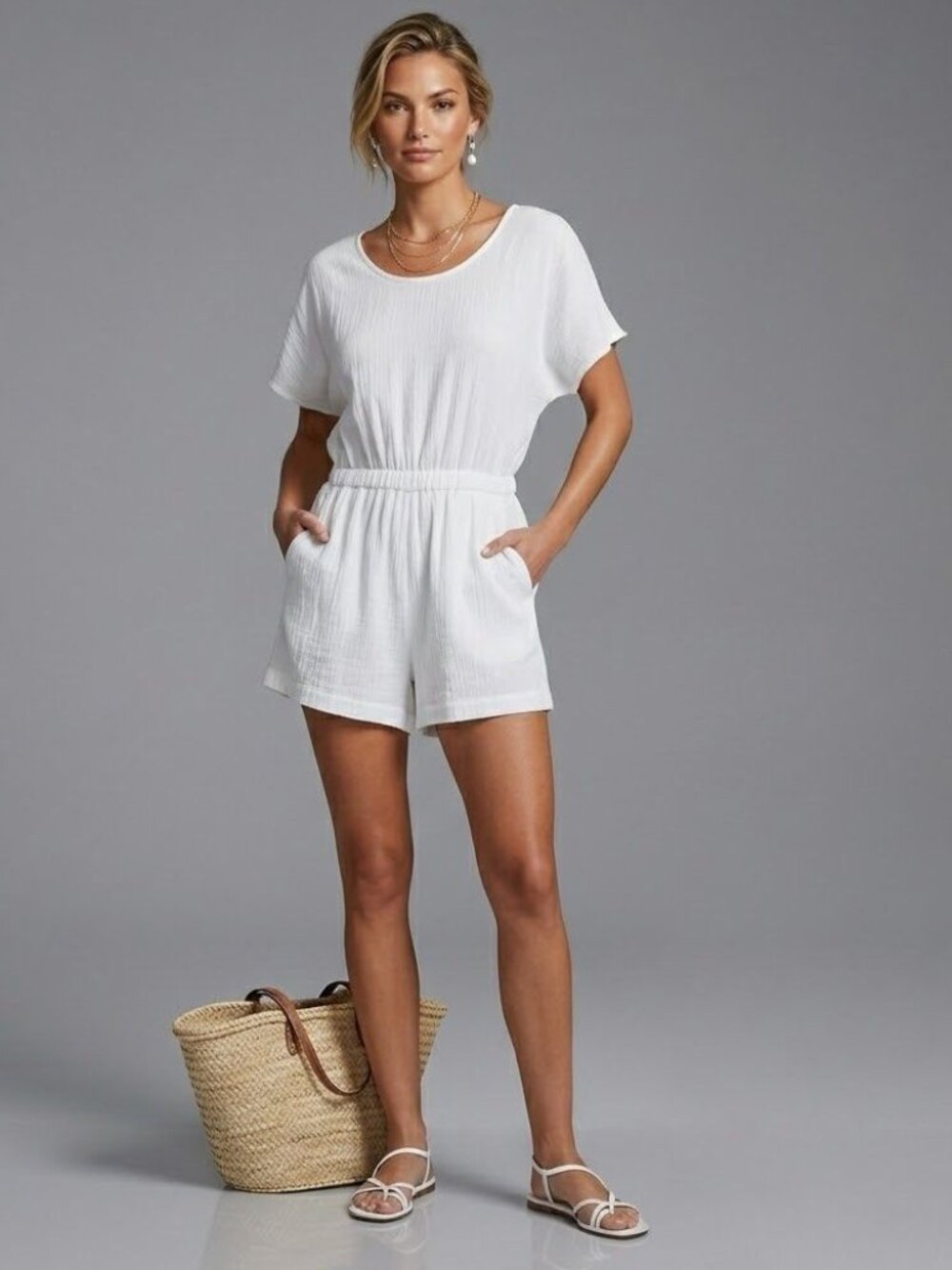 Hermoza Womens White Short Sleeve Romper Lightweight Medium Size M - Picture 10 of 11